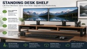 standing desk shelf designed to hold dual monitors and improve organization on an adjustable desk