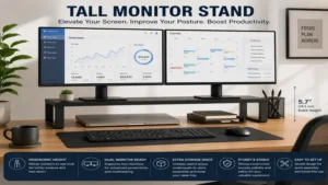 Tall monitor stand supporting a dual monitor setup for increased productivity and workspace efficiency.