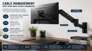 Wall mounted computer monitor arm with integrated cable management for a clutter-free desk