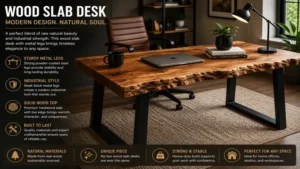 wood slab desk paired with black metal legs for a modern industrial office design