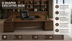 U shaped executive desk crafted from wood with a premium finish for a professional workspace
