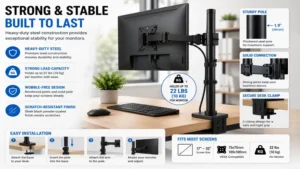 Heavy-duty monitor pole mount providing stable support for larger and heavier computer displays.