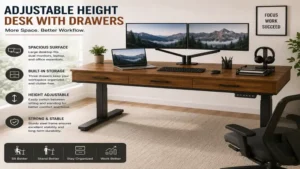 Adjustable height desk with drawers supporting dual monitors for an efficient workstation