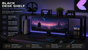 Black desk shelf used in a gaming setup to keep accessories neatly organized.