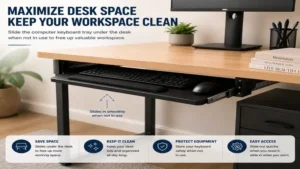 Computer keyboard slide out tray maximizing desk space by storing the keyboard neatly beneath the desktop.