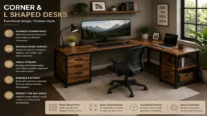 Rustic wooden corner and l shaped desks adding warmth and functionality to a home workspace.