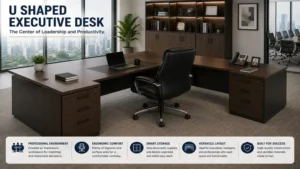 U shaped executive desk arranged in a corporate office environment with ergonomic seating