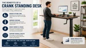 crank standing desk helping reduce prolonged sitting while encouraging movement throughout the day
