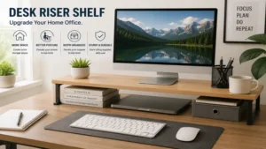 desk riser shelf enhancing a home office setup with added storage and monitor elevation