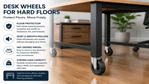 desk wheels protecting hardwood floors while allowing effortless desk mobility