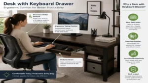 Ergonomic desk with keyboard drawer that promotes comfortable typing and an organized workspace.