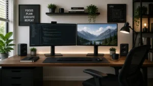 Desk with monitor in a dual monitor setup for multitasking and increased efficiency