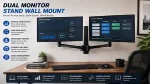 Dual monitor stand wall mount improving productivity in a professional workstation with two monitors