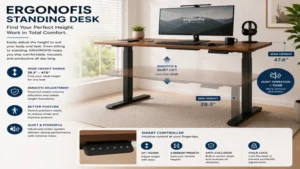 ergonofis standing desk supporting a dual-monitor setup for productivity, work, and creative tasks.