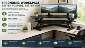 Ergonomic workspace featuring a corner standing desk converter for improved posture
