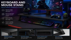 Gaming keyboard and mouse stand supporting a mechanical keyboard and gaming mouse.