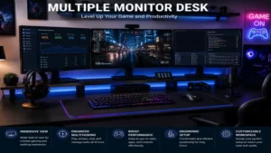 Multiple monitor desk configured for immersive gaming and content creation