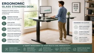 Ergonomic glass standing desk designed to improve posture and workplace comfort