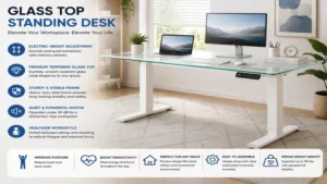 White-frame glass top standing desk creating a bright, modern, and ergonomic workstation.