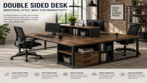 Industrial-style double sided desk combining a durable metal frame with a rustic wood desktop.