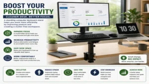 Standing computer keyboard stand helping improve productivity and reduce desk clutter