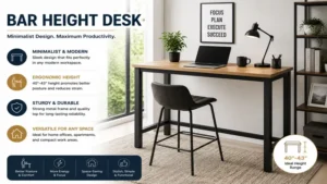 Minimalist bar height desk creating a clean and organized workspace with modern aesthetics