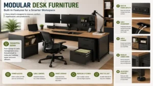 Collaborative workspace using modular desk furniture for team productivity and flexibility.