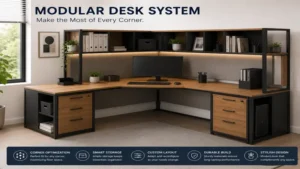 Modular desk system maximizing corner office space while maintaining functionality and comfort