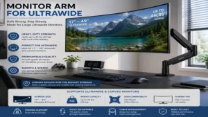 Heavy-duty monitor arm for ultrawide holding a large curved ultrawide monitor securely