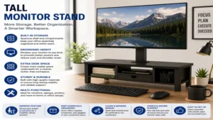 tall monitor stand featuring built-in storage space for office accessories