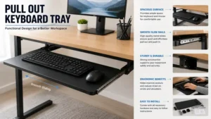 Pull out keyboard tray with adjustable features for customized keyboard and mouse positioning