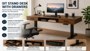 Sit stand desk with drawers placed in a stylish home office with computer and accessories