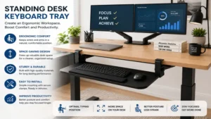 Modern office featuring a standing desk keyboard tray with dual monitors for an ergonomic and productive workspace.