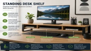 standing desk shelf with dedicated space for a keyboard, mouse, and office accessories