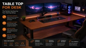 Table top for desk configured as a clean and spacious gaming workstation setup
