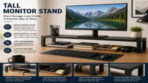 Tall monitor stand with storage space underneath for keeping office supplies and devices neatly organized.