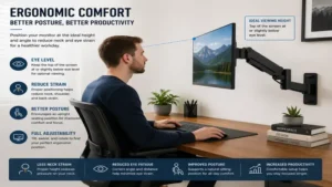 Ergonomic wall mounted computer monitor arm adjusted to eye level for comfortable viewing