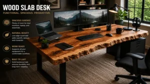 wood slab desk supporting dual monitors, a laptop, and office accessories for a productive workspace