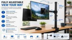 Monitor pole mount featuring integrated cable management for a neat and organized desk setup.