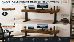 Adjustable height desk with drawers demonstrating smooth height adjustment between sitting and standing modes