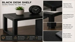 Close-up view of a durable black desk shelf with a sleek minimalist finish.