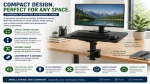 Standing computer keyboard stand with a compact design suitable for small workspaces