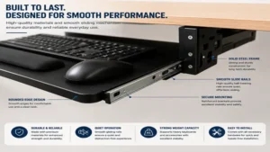 Close-up of a computer keyboard slide out tray highlighting durable construction and smooth sliding mechanism.