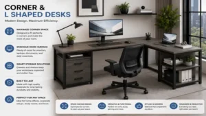 Sleek corner and l shaped desks in a contemporary office with minimalist décor.