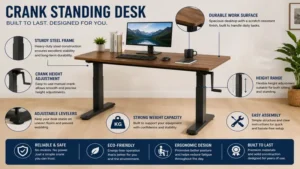 crank standing desk with durable construction, stable frame, and ergonomic manual height adjustment
