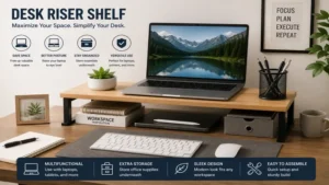desk riser shelf used with a laptop and accessories to maximize desk space efficiently