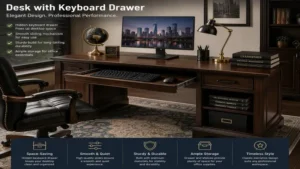 Premium desk with keyboard drawer in an executive office with elegant wood finish and ample storage.