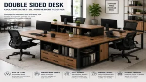 double sided desk configured as a collaborative workstation for teams in a modern office.