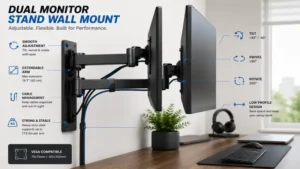 Dual monitor stand wall mount shown from the side highlighting adjustable arm extension and stability