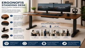Person working comfortably at an ergonofis standing desk with proper ergonomic posture while alternating between sitting and standing.